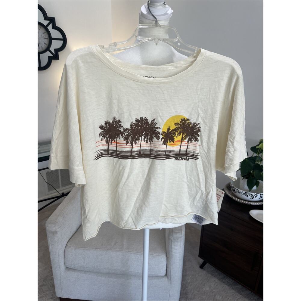 Roxy Sz L Crop Top T Shirt Palm Trees Oversized Boxy California Surfer Girl NEW